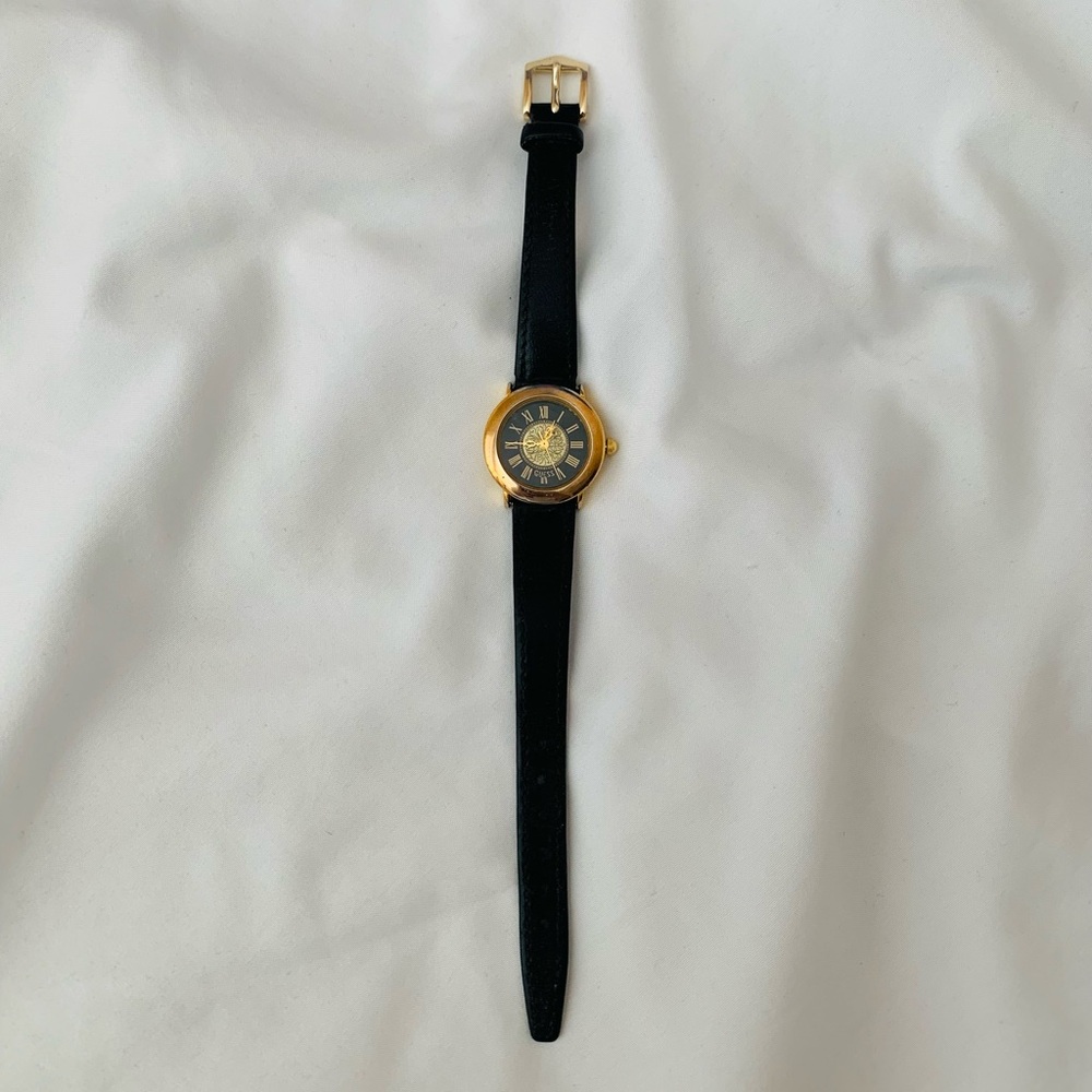 Guess Women's Black & Gold Roman Numeral Leather Strap Watch- TESTED